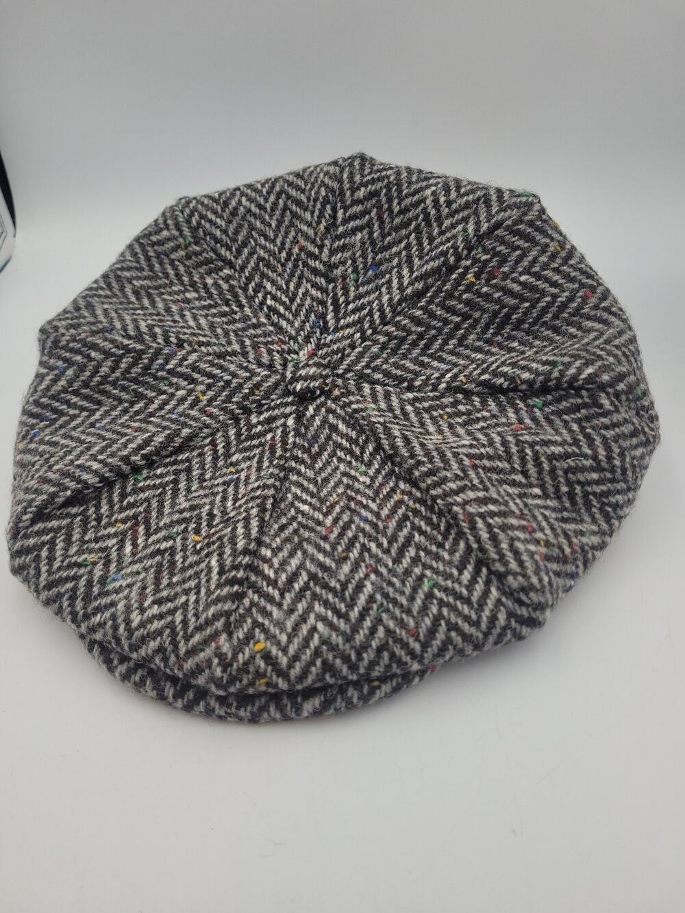 Hanna Hats Donegal Wool Tweed Newsboy Cap XL Gray Brown Herringbone Fleck New